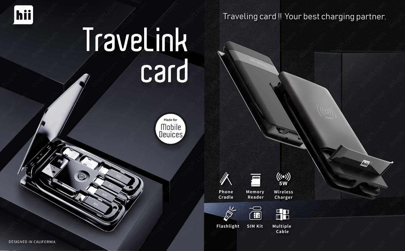 hii Travelink Card which includes Multi Cable, SIM Kit, Wireless Charger, Memory Reader, Phone Cradle, Flashlight