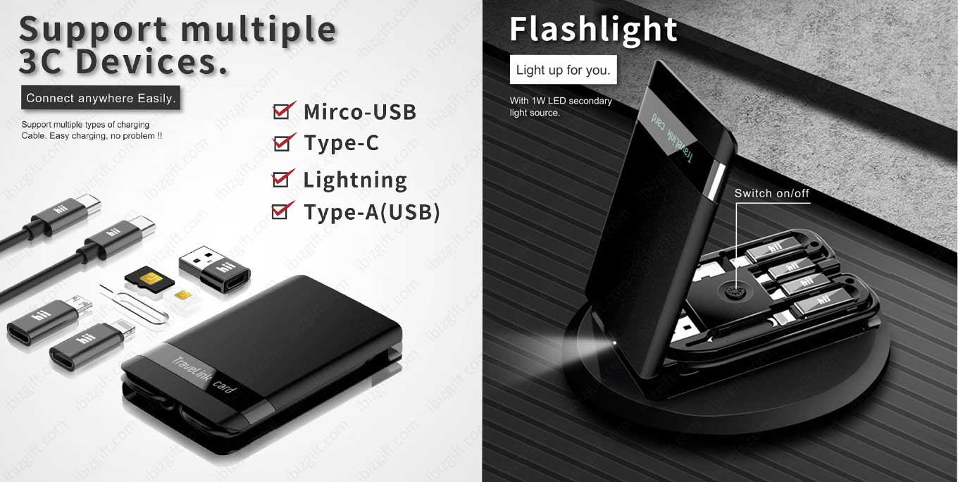 hii Travelink Card which includes Multi Cable, SIM Kit, Wireless Charger, Memory Reader, Phone Cradle, Flashlight